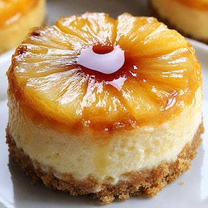May include: A small round pineapple upside-down cheesecake featuring a golden-brown crumb crust base, a thick layer of creamy pale yellow filling, and a glossy caramelized pineapple slice topping with a small pink center accent.