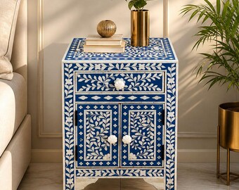 Handmade Blue Bone Inlay Nightstand, Floral Boho Cabinet, Luxury Indian Storage Table