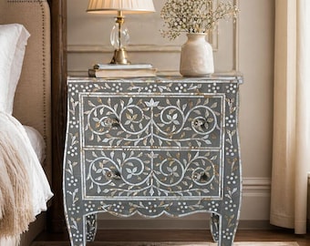 Mesita de noche gris hecha a mano con incrustaciones de hueso: mueble auxiliar de madera con diseño floral estilo bohemio marroquí para dormitorio.