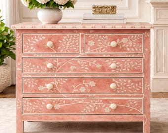 Handmade Bone Inlay Chest of Drawers, Floral Wooden Storage Cabinet, Luxury Bedroom Furniture