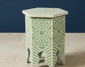 Mesita auxiliar hexagonal hecha a mano con incrustaciones de hueso – Muebles bohemios de estilo marroquí para mesita de noche