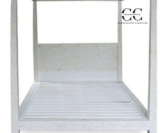 Bone Inlay Canopy Bed Floral Design, Luxury Four Poster Bed Frame, Boho Bedroom Furniture,