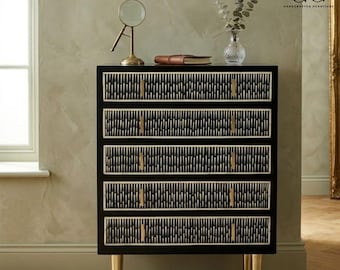 Cómoda de madera con incrustaciones de hueso hechas a mano / Mueble de almacenamiento estilo bohemio con estampado floral