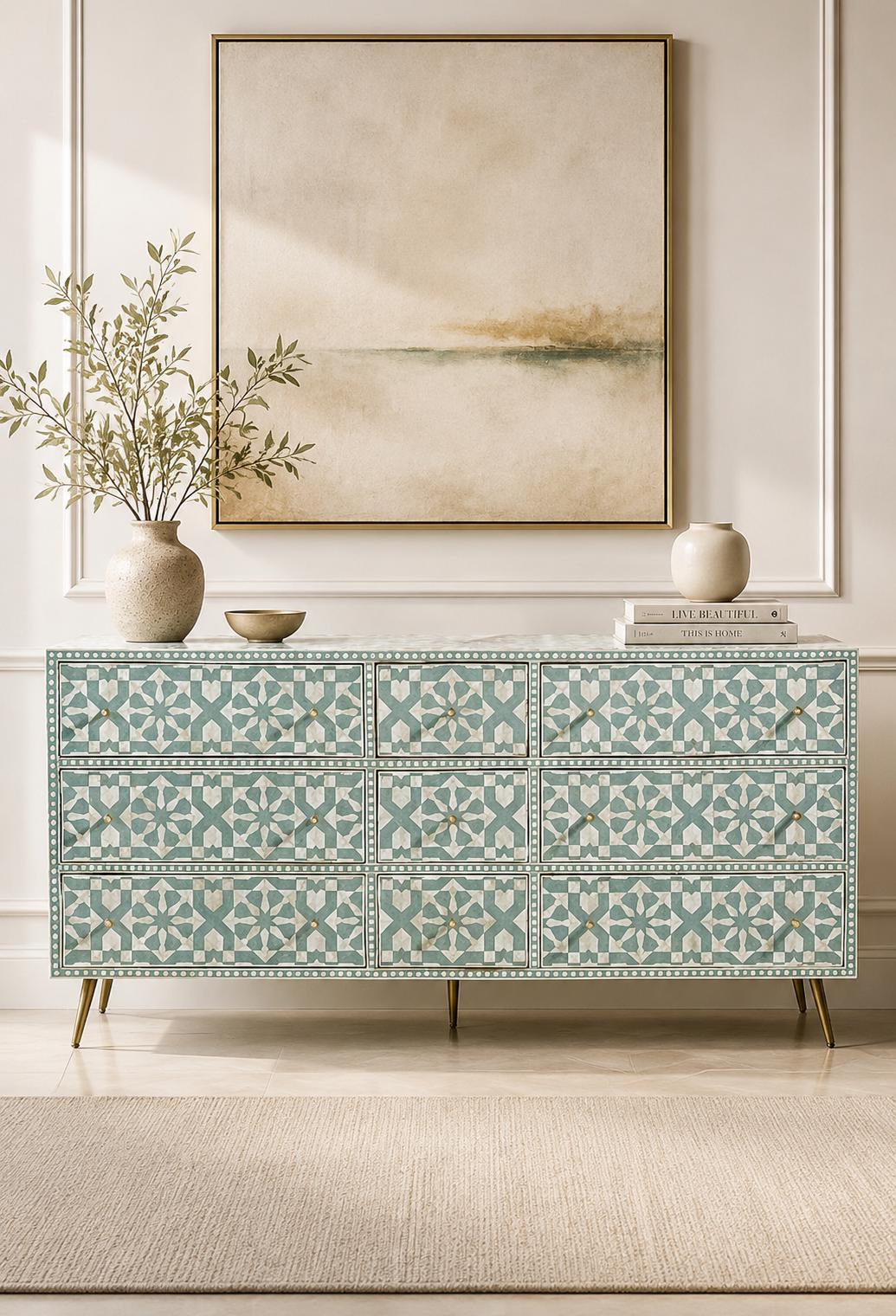slim fit dress slacks Bespoke Italian Brass Emerald Blue Green Art Glass 9-Drawer Dresser Si –  Cosulich Interiors & Antiques main image 1