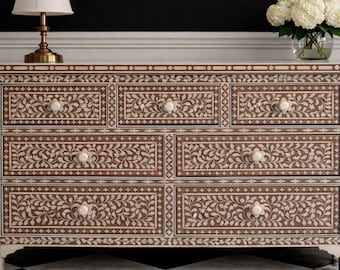Handmade Bone Inlay Chest of Drawers | Wooden Dresser Storage Cabinet