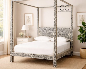 Bone Inlay Canopy Bed Floral Design, Luxury Four Poster Bed Frame, Boho Bedroom Furniture,