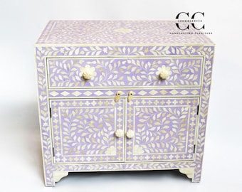 Cómoda artesanal con incrustaciones de hueso, 2 cajones, diseño floral, cómoda de madera para almacenamiento.