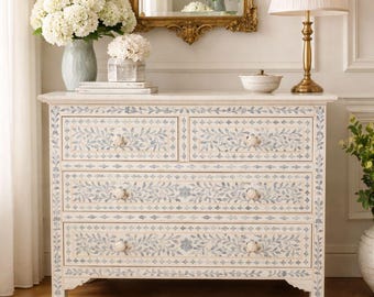 Cómoda artesanal con incrustaciones de hueso, tocador con incrustaciones florales, armario de almacenamiento de lujo.