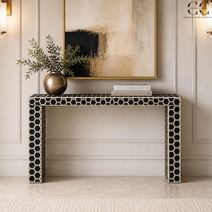 Geometric Console Table: Black Gold Honeycomb Entryway Furniture, Narrow Hallway Accent Decor