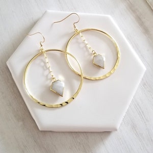Moonstone Earrings, Large Gold Hoops, Raw Crystal Hoop Earrings, Gemstone Statement Earrings, Handmade Boho Jewelry, Moonstone Dangle