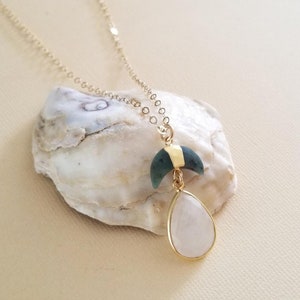 Raw Emerald and Moonstone Necklace, Emerald Crescent Moon Pendant, Gemstone Moon, Celestial Jewelry, Gift for Her, Healing Crystal Jewelry