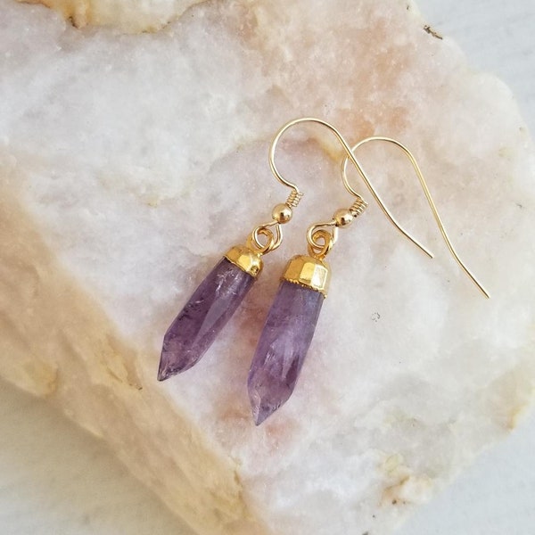 Raw Amethyst Earrings, Gift for Sister, Crystal Point Earrings, Gold Gemstone Earrings for Women, Holiday Gift Idea