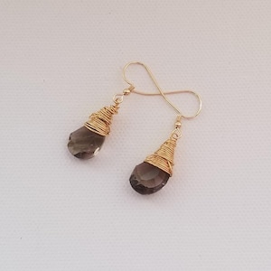 Gold Smoky Topaz Earrings, Wire Wrapped Earrings, Boho Style, Birthday Gift Best Friends, Delicate Drop Earrings, Fall Wedding