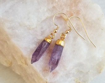 Raw Amethyst Earrings, Gift for Sister, Crystal Point Earrings, Gold Gemstone Earrings for Women, Holiday Gift Idea