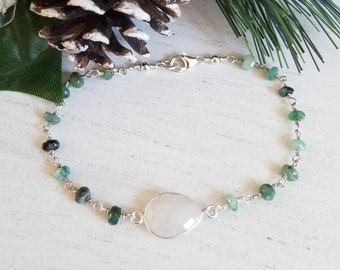 Raw Emerald Bracelet, Moonstone and Emerald Bracelet, Emerald Beaded Chain Bracelet, Birthday Gift for Her, May Birthstone