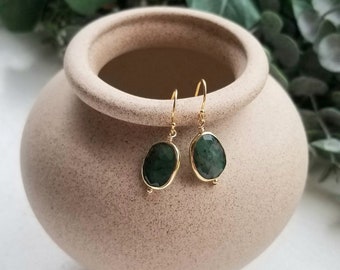 Emerald Earrings, Gold Dangling Emerald Earrings, Dainty Gemstone Earrings, May Birthstone, Emerald Jewelry, Handmade Earrings, Gift for Her