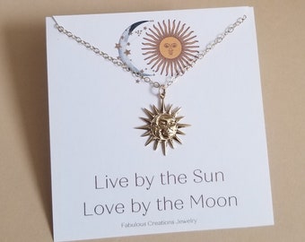 Sun and Moon Pendant Necklace, Gold Sun Necklace, Gift for Best Friend, Moon Charm Necklace, Live by the Sun Love by the Moon