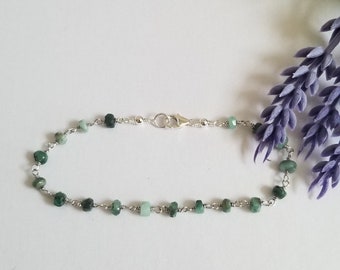 Dainty Emerald Bracelet, Raw Emerald Bracelet, May Birthstone, Emerald Beaded Bracelet, Gift for Her, Rosary Chain Bracelet