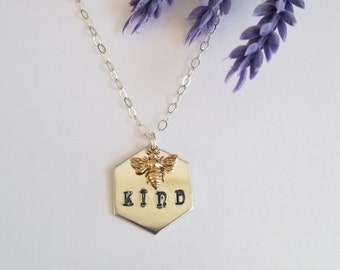 Bee Kind Necklace, Tiny Bee Charm Necklace, Bee Jewelry, Bee Lover Gift, Nature Jewelry, Custom Stamped Necklace, Gift for Her