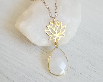 Gold Lotus Flower Necklace, Moonstone Jewelry, Gold Filled Chain Necklace, Moonstone Pendant, Gift for Her, Spiritual Jewelry