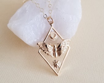 Gold Moth Necklace, Moth Sun and Moon Charm Necklace, Gift for Best Friend, Moth Jewelry, Moon and Sun Pendant, Transformation Jewelry