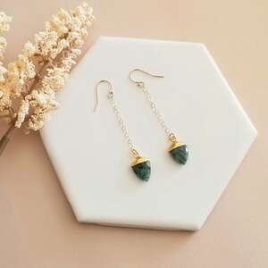 Gold Emerald Earrings, Long Gemstone Earrings, Raw Emerald Chain Earrings, May Birthstone, Healing Crystal Jewelry, Emerald Dangle Earrings
