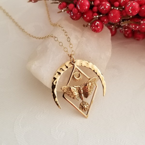 Gold Moth Necklace, Moth Sun and Moon Charm Necklace, Bronze Moth Pendant, Geometric Moth Necklace with Sun and Moon, Crescent Moon Jewelry