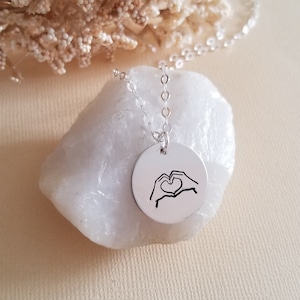 Hand Gesture Necklace, Silver Disc Necklace, Heart Hands Charm, Gift for Daughter, Dainty Pendant Necklace, Gift for Her, Layering Necklace
