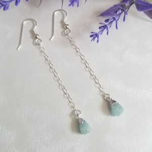 Aquamarine Earrings, Long Chain Earrings, Raw Aquamarine Dangle Earrings, Gemstone Earrings, Gift for Her, Bohemian Stone Earrings