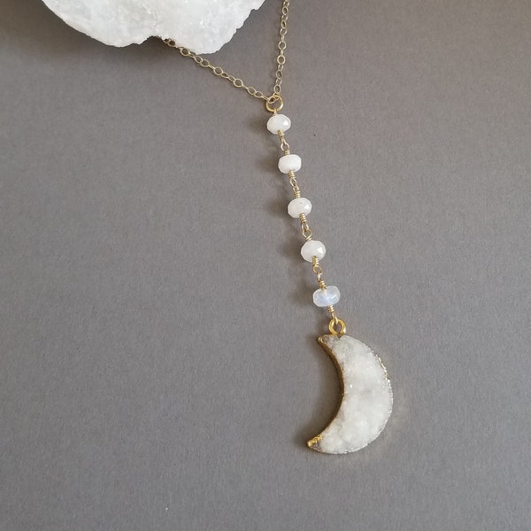Crystal Druzy Moon Necklace, Center Drop Y Necklace, Long Crystal Pendant, Witchy Jewelry, Crescent Moon Necklace, Boho Stone Necklace