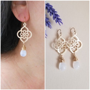 Brushed Gold Moonstone Earrings, Modern Flower Earrings, Wire Wrapped Moonstone Earrings, Moonstone Drop Earrings, Gift for Her