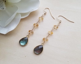 Long Gold Earrings, Labradorite Earrings, Birthday Gift, Citrine Dangle Earrings, Statement Earrings, Gemstone Jewelry, Gift for Women
