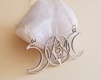 Silver Moon Phases Necklace, Bohemian Moon Necklace, Witchy Jewelry, Gift for Best Friend, Moon Phase Pendant, Statement Necklace