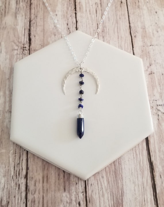 Hammered Crescent Moon Necklace, Edgy Boho Pendant, Lapis