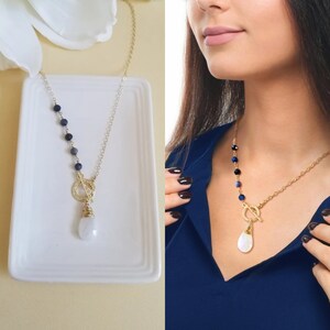 Sapphire Necklace, Moonstone Pendant, Front Toggle Necklace, Boho Stone Necklace, Sapphire Jewelry for Women, September Birthstone Jewelry