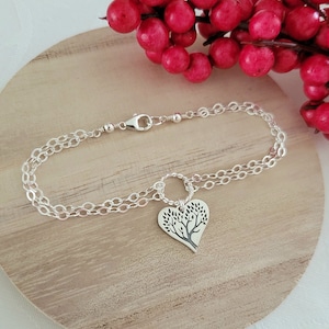 Family Tree Bracelet, Silver Charm Bracelet, Heart Bracelet, Gift for Her, Sterling Silver Double Strand Bracelet, Tree of Life Bracelet