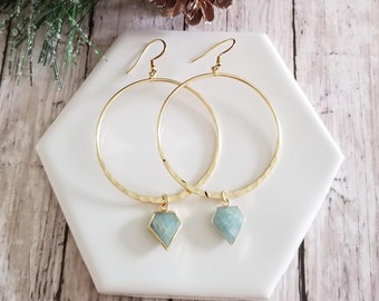 Raw Aquamarine Earrings, Gold Hoop Earrings, Raw Healing Crystal Hoops, Statement Dangle Earrings, Statement Earrings, Handmade Boho Jewelry