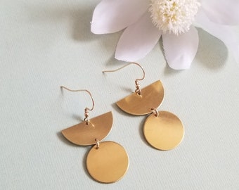 Raw Brass Half Moon Earrings, Gold Brass Dangle Earrings, Geometric Earrings, Lightweight Hypoallergenic Geometric Brass Earrings