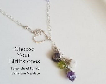 Family Birthstone Necklace, Family Necklace with Birthstones, Raw Stone Necklace, Gemstone Jewelry for Mom, Personalized Gift