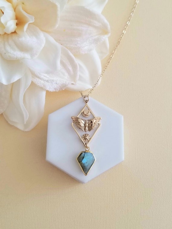Gold Moth Necklace, Moth Sun and Moon Charm Necklace, Labradorite Moth Pendant, Geometric Moth Necklace with Sun and Moon, Talisman Jewelry