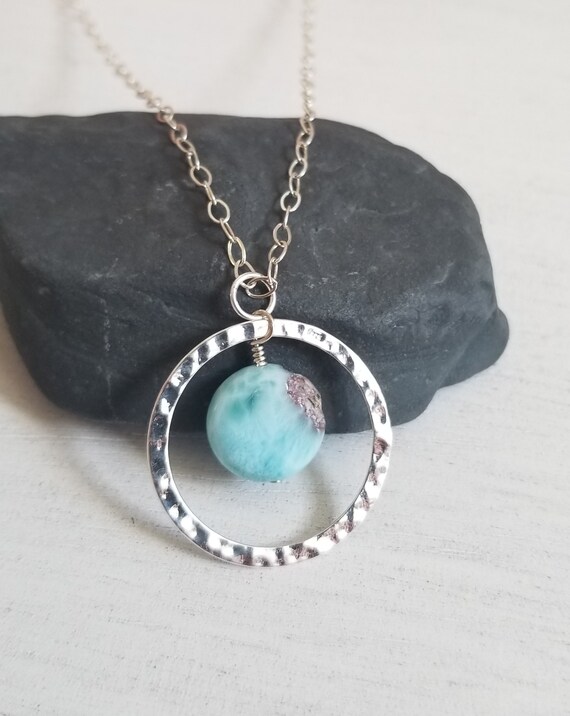 Genuine Larimar Necklace Sterling Silver Circle Necklace | Etsy