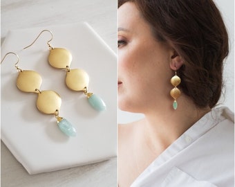 Aquamarine Earrings, Long Gold Earrings, Boho Gemstone Earrings, Statement Earrings, Raw Stone Earrings, Gold Drop Earrings, Emerald Dangle