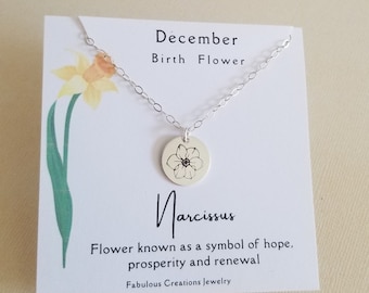 December Birth Flower Necklace, Flower Charm Necklace, Birth Flower Jewelry, Narcissus Flower Pendant, Gift for Her, Thin Chain Necklace