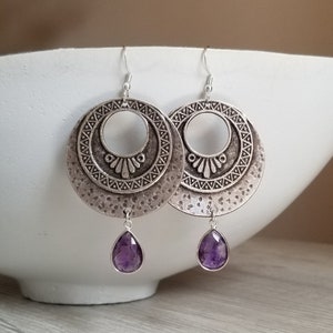 Boho Silver Hoops, Moroccan Earrings, Oxidized Silver Earrings, Amethyst or Moonstone, Statement Earrings, Gemstone Dangle Earrings