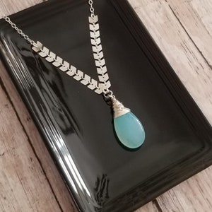Aqua Chalcedony Necklace, Sterling Silver Gemstone Necklace, Blue Necklace, Chalcedony Jewelry, Wire Wrapped Chalcedony Pendant,Gift for Her