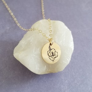 Gladiolus Necklace, Dainty Flower Charm Necklace, Birthday Gift for Her, August Birth Flower, Hand Stamped Gladiolus Flower Necklace