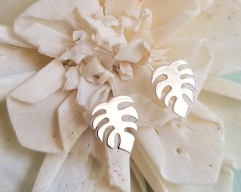Monstera Leaf Stud Earrings, Tropical Leaf Earrings, Sterling Silver Monstera Leaf Studs, Gift for Her, Palm Leaf Earrings