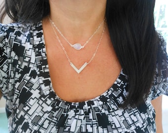 Hammered Chevron Necklace, Two Piece Layering Necklace Set, Moonstone Choker, Layered Necklaces Sterling Silver, Gift for Her