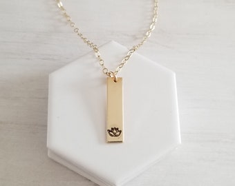 Gold Bar Necklace, Gold Lotus Flower Pendant, Minimalist Jewelry, Bar Pendant Necklace, Lotus Necklace, Yoga Jewelry, Layering Necklace