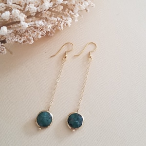 Raw Emerald Earrings, May Birthstone Jewelry, Gift for Her, Long Gold Earrings, Mothers Day Gift, Green Stone Earrings